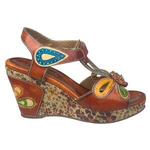 L’artiste X Spring Step Socialite Brown Floral Wedge Sandal Size 37 US 6.5/7